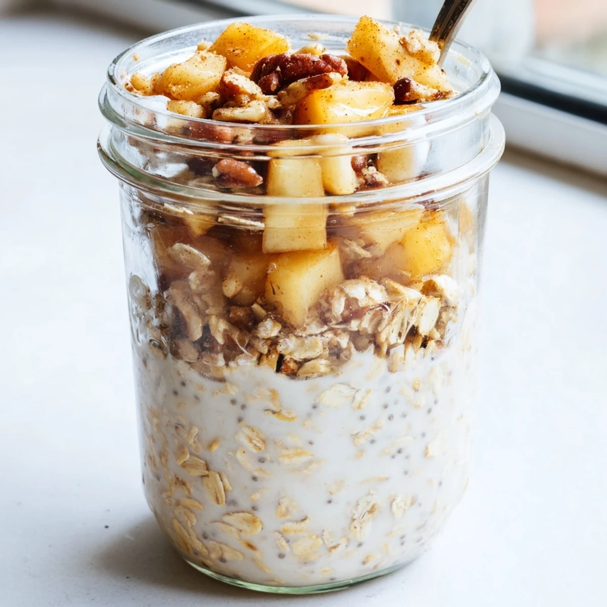 Creamy apple crumble overnight oats layered with cinnamon-spiced apples in a glass jar