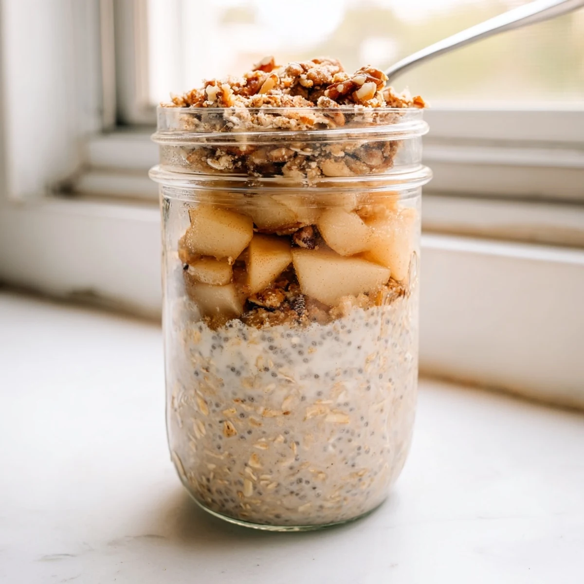 Warm cinnamon apple crumble overnight oats topped with crunchy walnuts and brown sugar