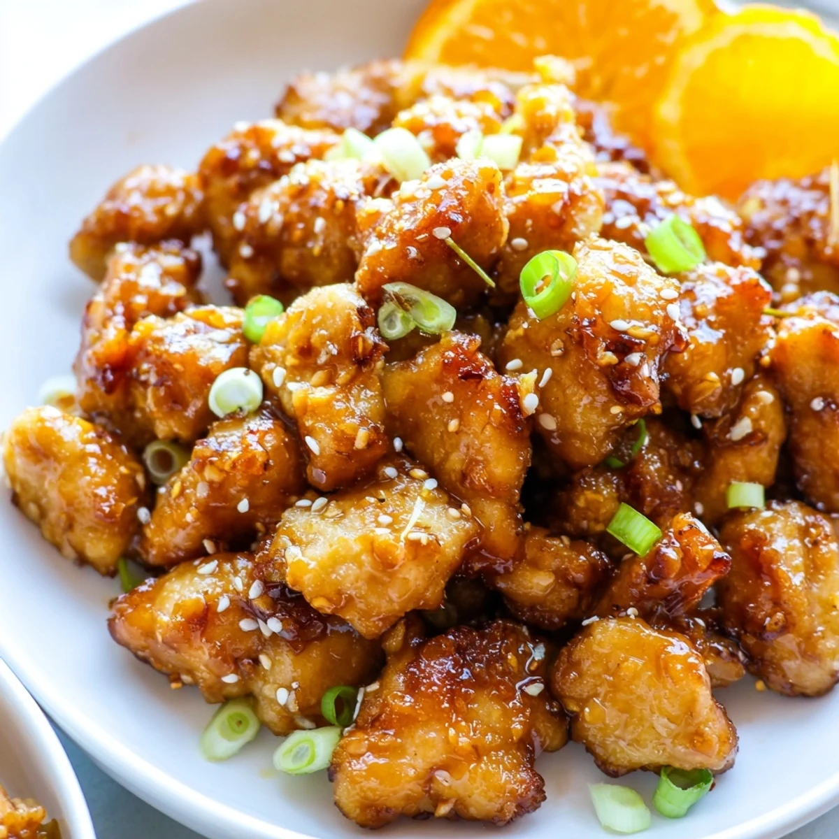 Glossy baked orange chicken glazed in sticky sauce with sesame seeds and scallions