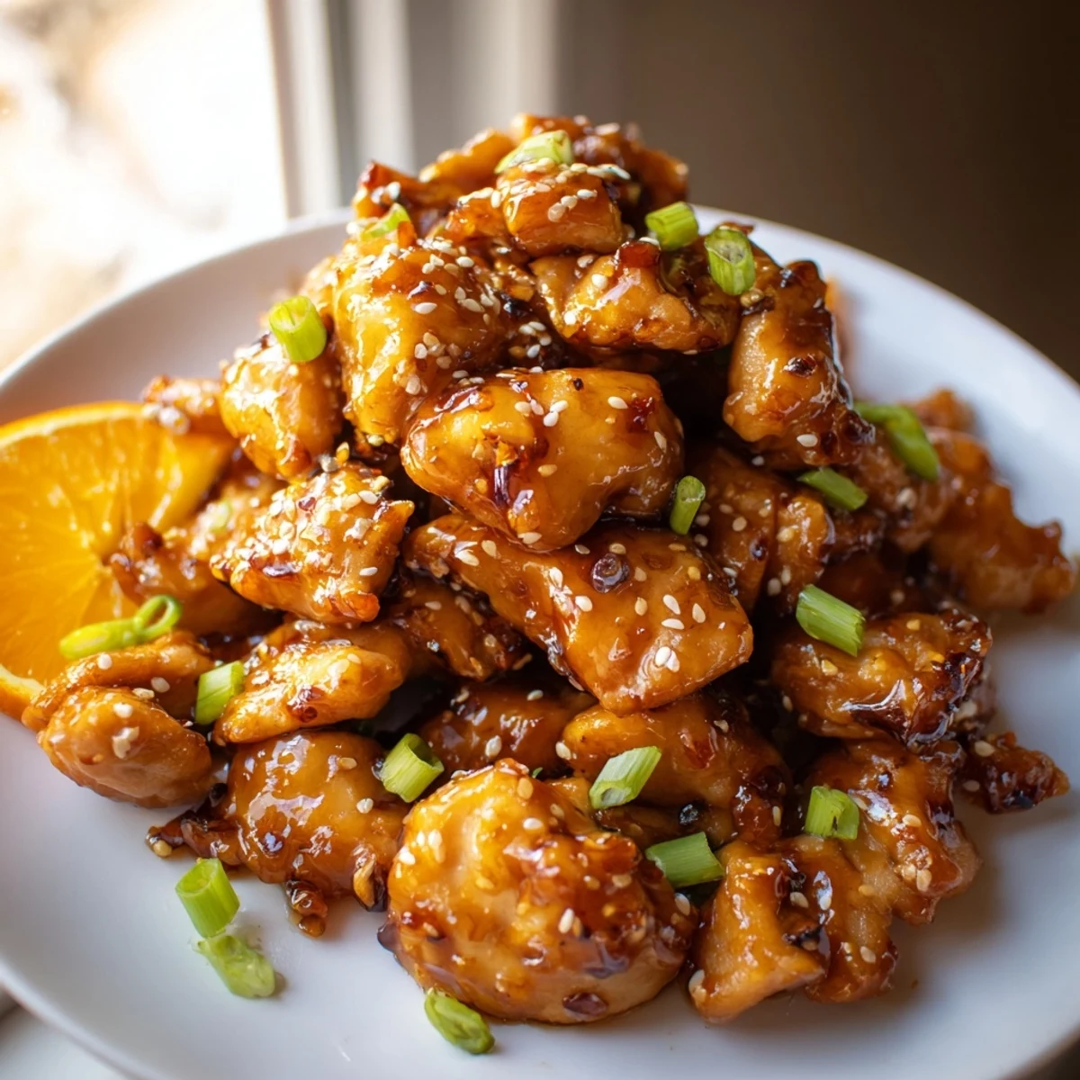 Crispy baked orange chicken pieces coated in vibrant tangy caramelized citrus sauce