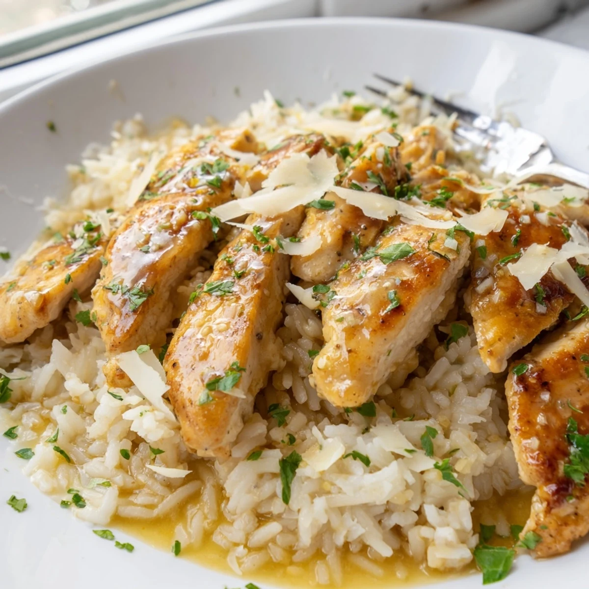 Tender buttery chicken scampi served over creamy garlic parmesan rice