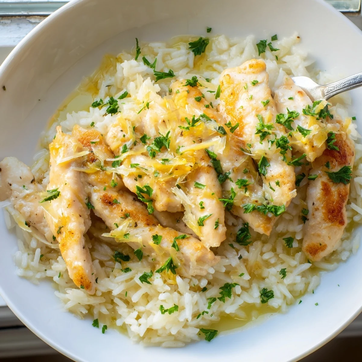 Golden chicken scampi with garlic parmesan rice plated on a white dish