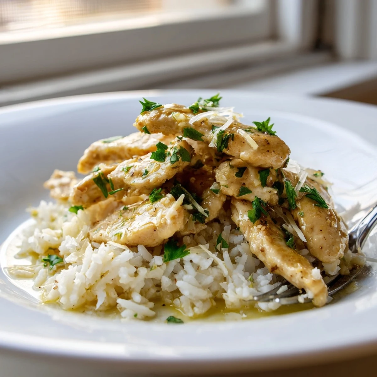 Zesty lemon chicken scampi nestled on rich garlic parmesan rice