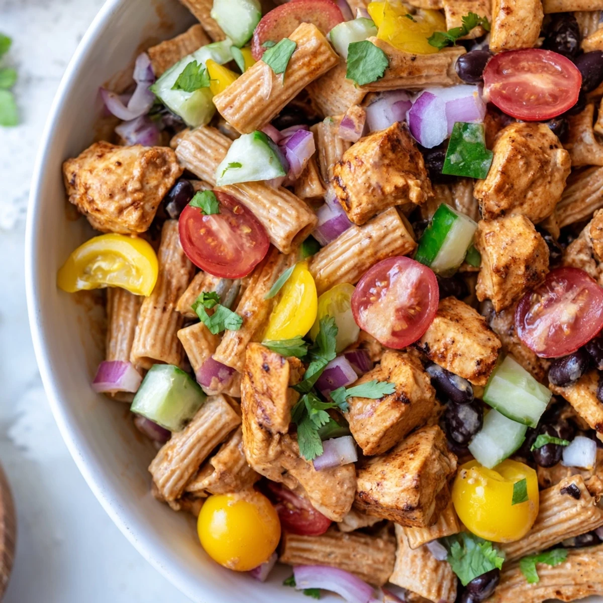 Smoky BBQ chicken pasta salad piled high with colorful veggies and creamy dressing
