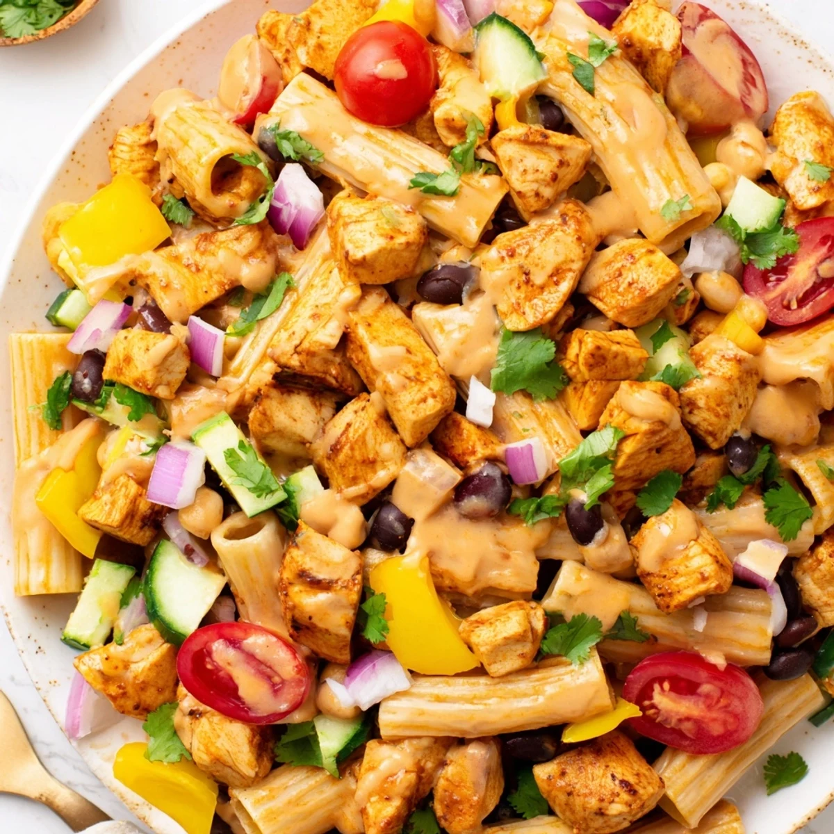 Creamy BBQ chicken pasta salad tossed with bell peppers black beans and tender penne