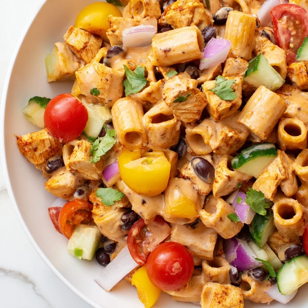 Bowl of zesty BBQ chicken pasta salad with cherry tomatoes and fresh cilantro