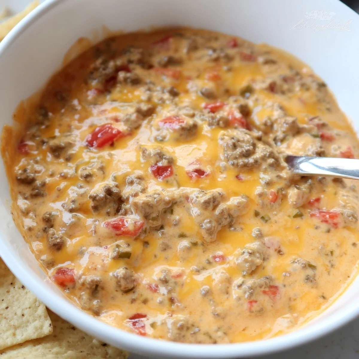 Creamy Crockpot Rotel Dip recipe served warm with golden tortilla chips