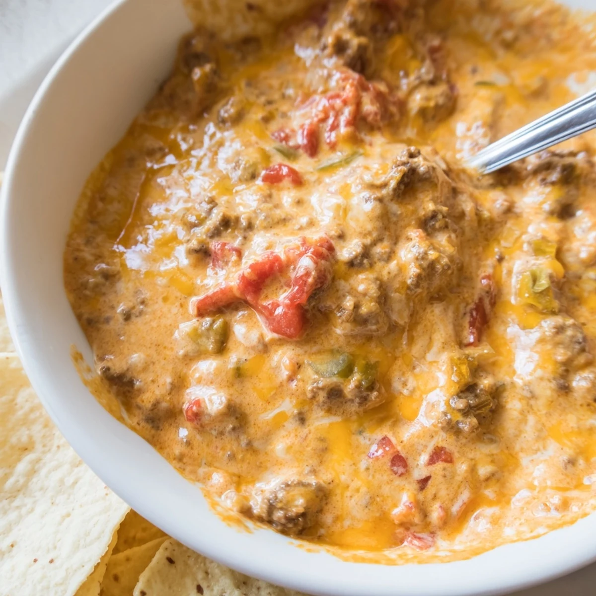 Bubbling Crockpot Rotel Dip recipe loaded with melted cheese and spicy tomatoes