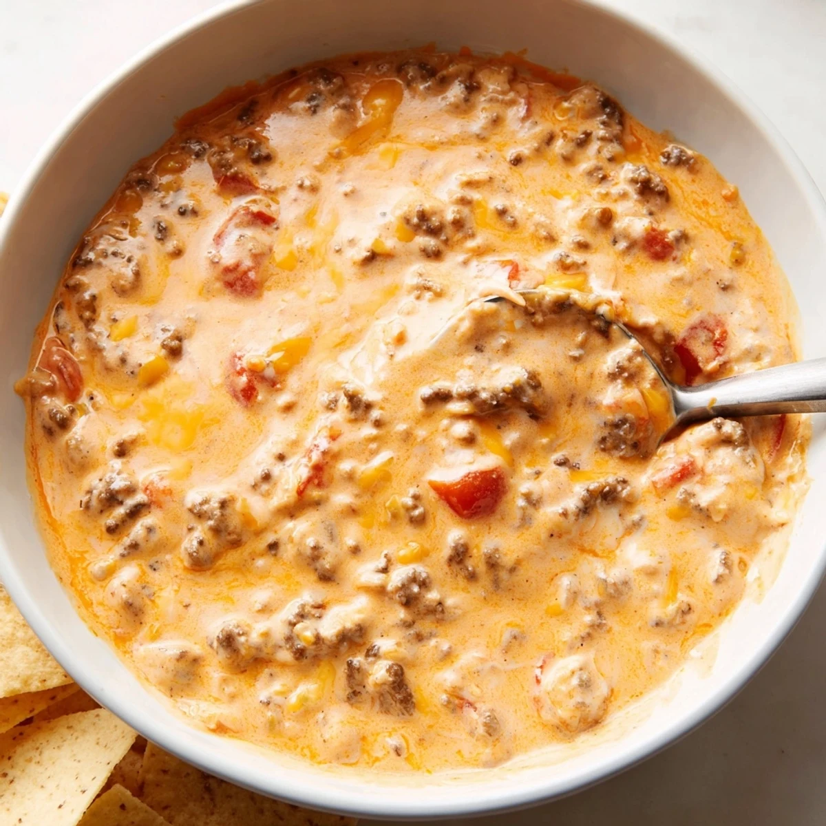 Thick velvety Crockpot Rotel Dip recipe in a slow cooker ready for dipping
