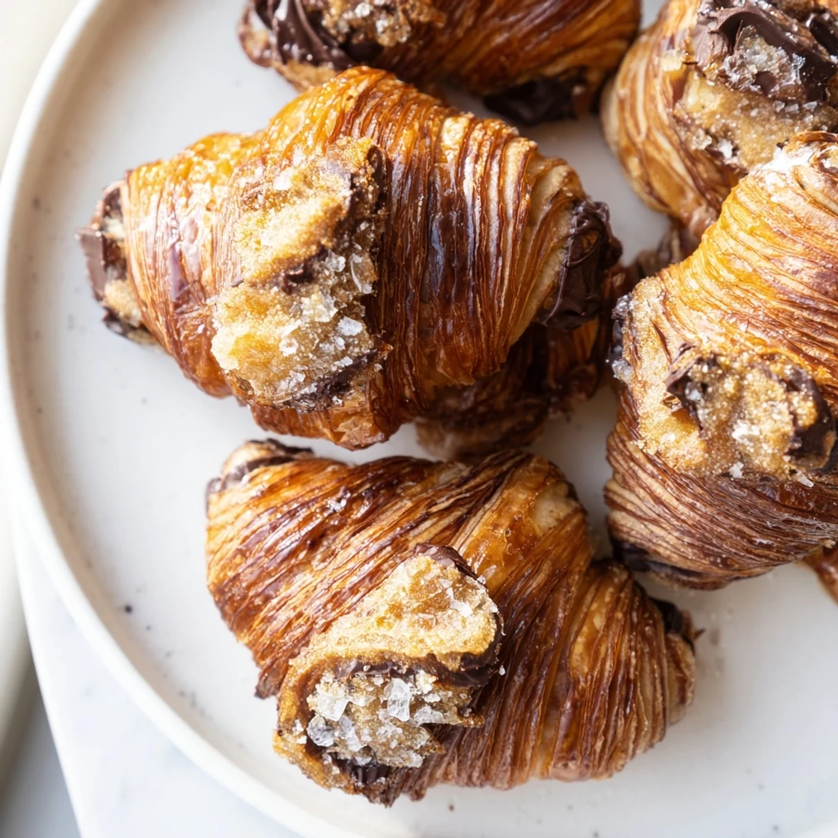 Golden chocolate croissant cookies with flaky layers and melted semi-sweet chocolate centers