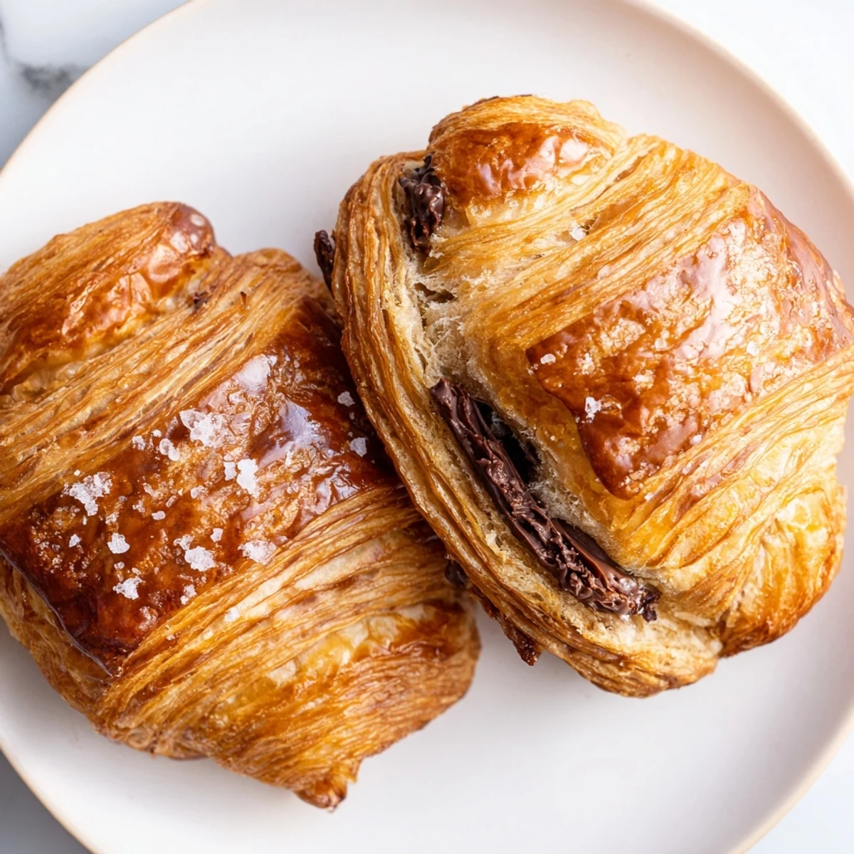 Crisp buttery chocolate croissant cookies dusted with sparkling sugar on parchment paper