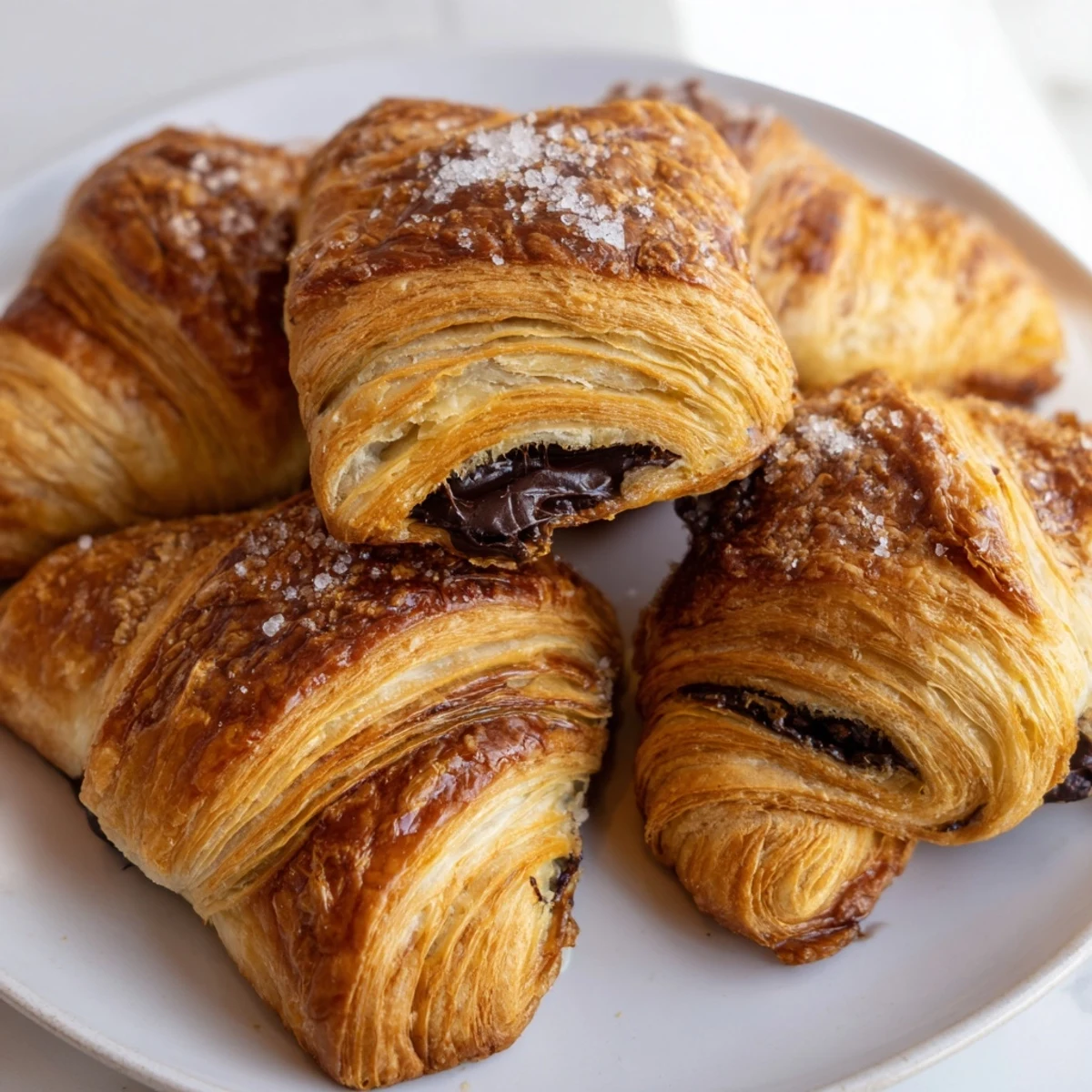 Warm chocolate croissant cookies fresh from the oven revealing rich gooey chocolate filling