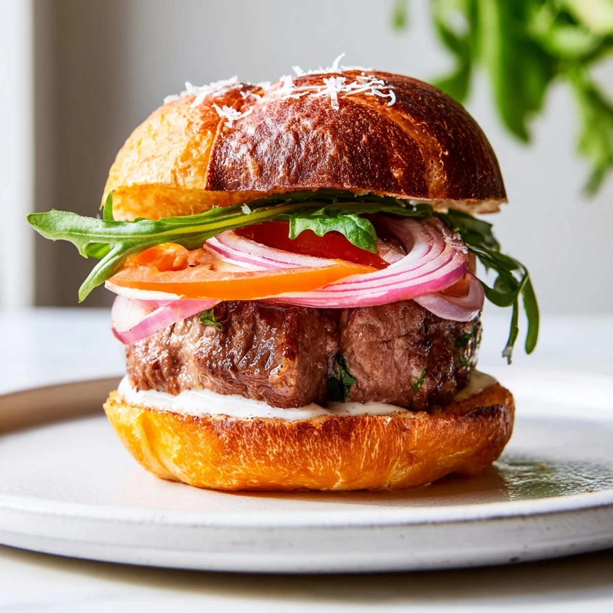Crispy garlic parmesan rolls piled high with seared filet mignon sliders and fresh arugula
