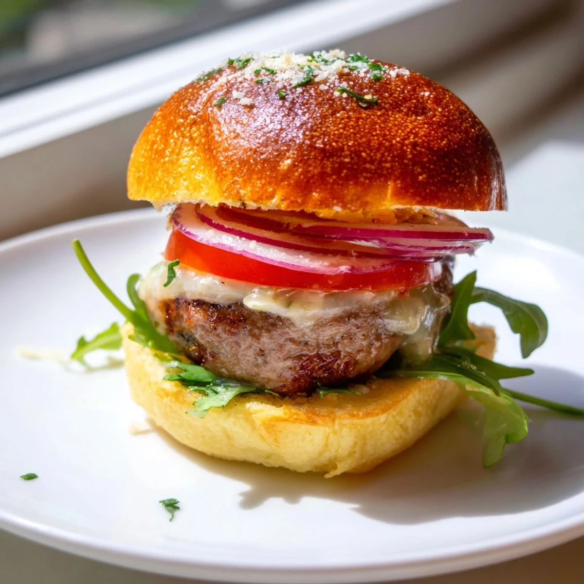 Toasted garlic parmesan buns cradling tender filet mignon sliders with sliced tomato and red onion