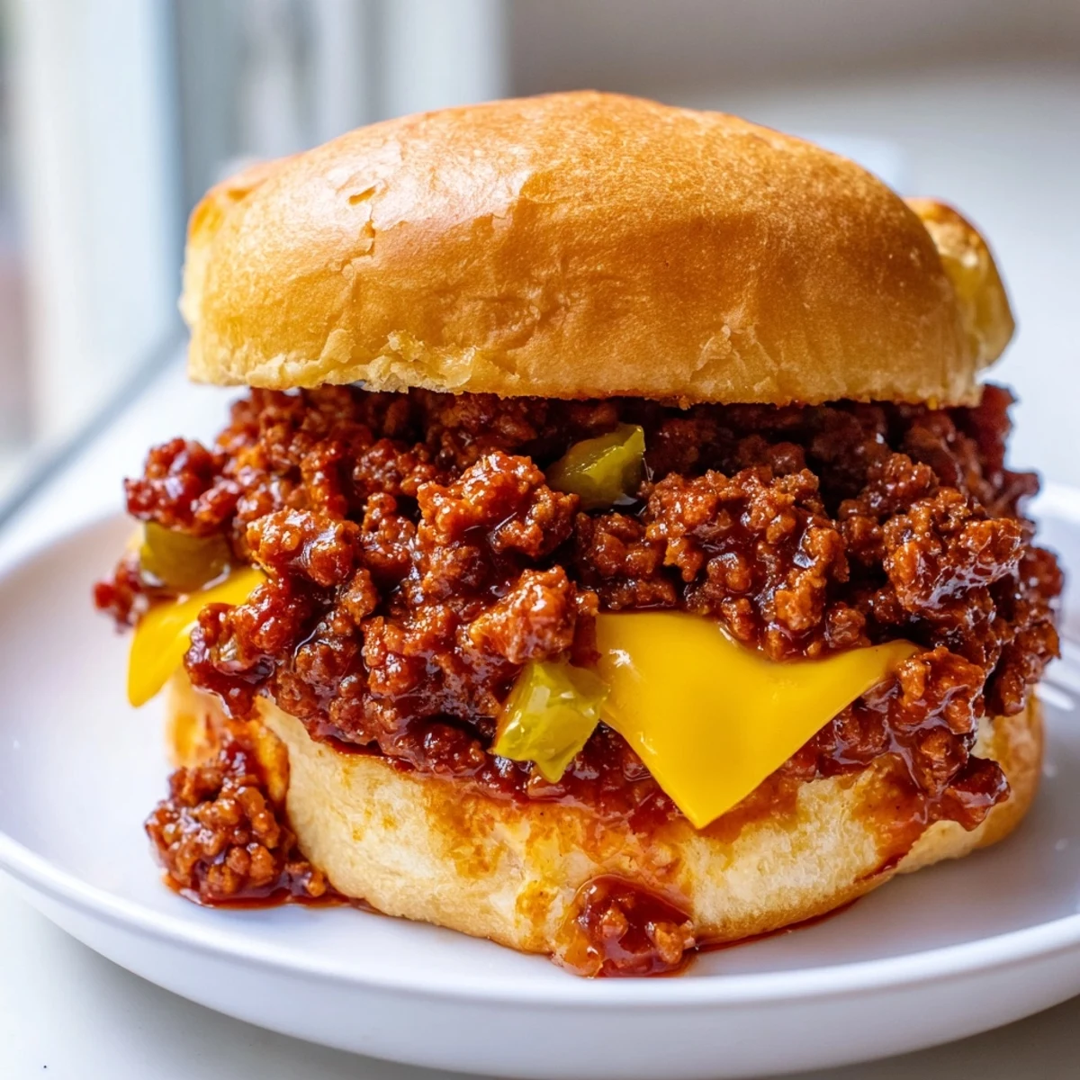 Melting cheddar tops a juicy Smash Burger Sloppy Joe on a golden toasted bun
