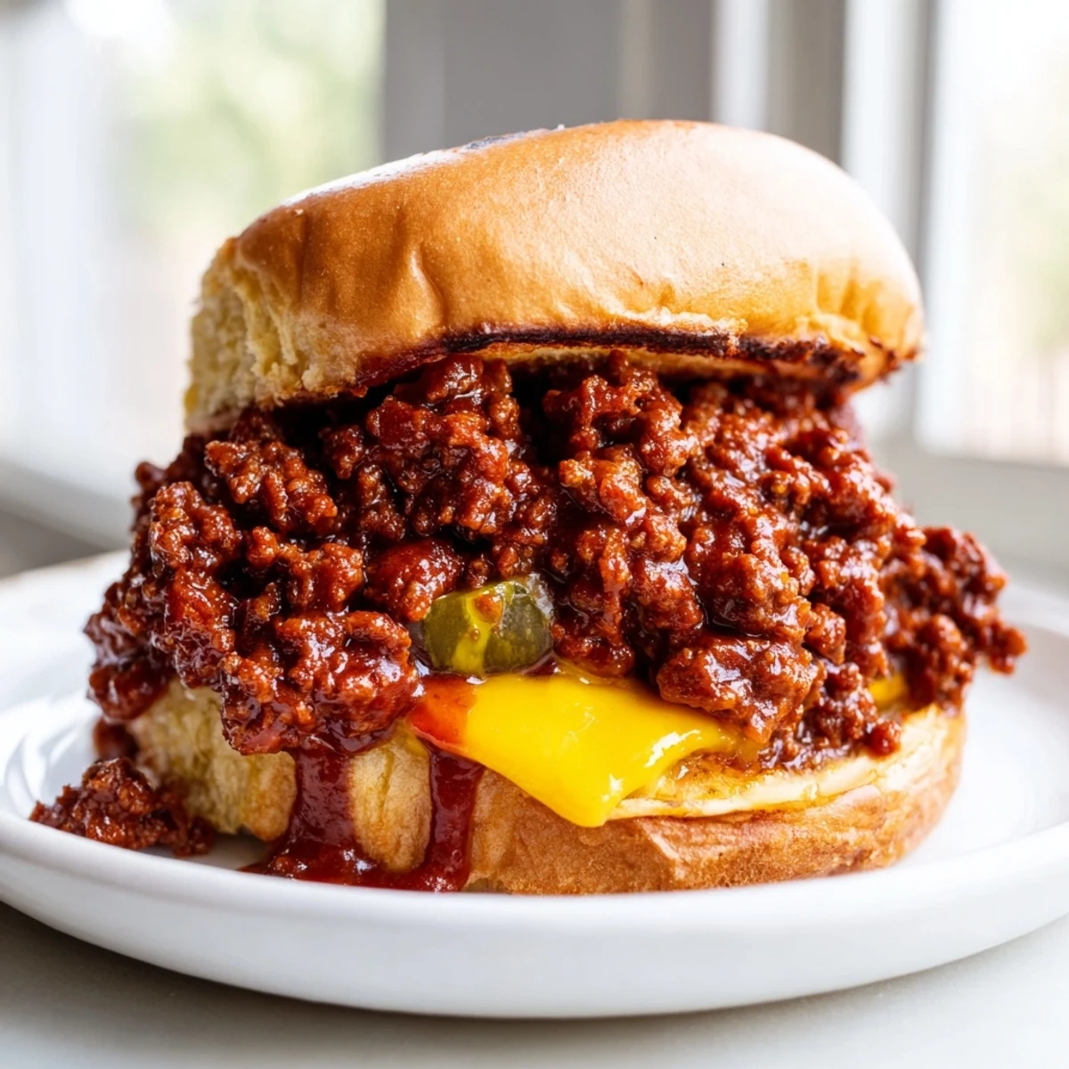 Saucy Smash Burger Sloppy Joes with pickles and melted cheese drip over soft buns