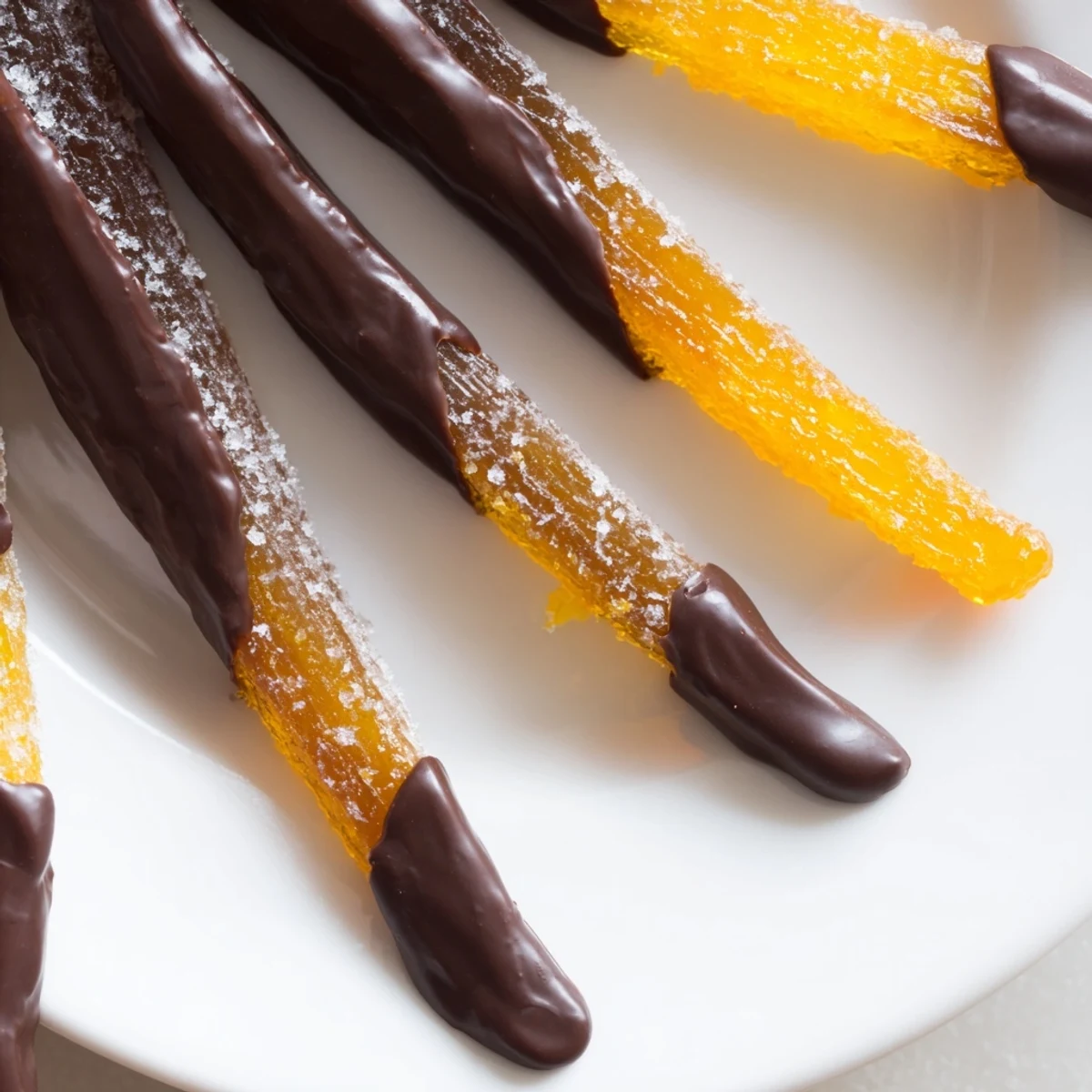 Candied chocolate covered orange peels glistening on a rustic wire cooling rack
