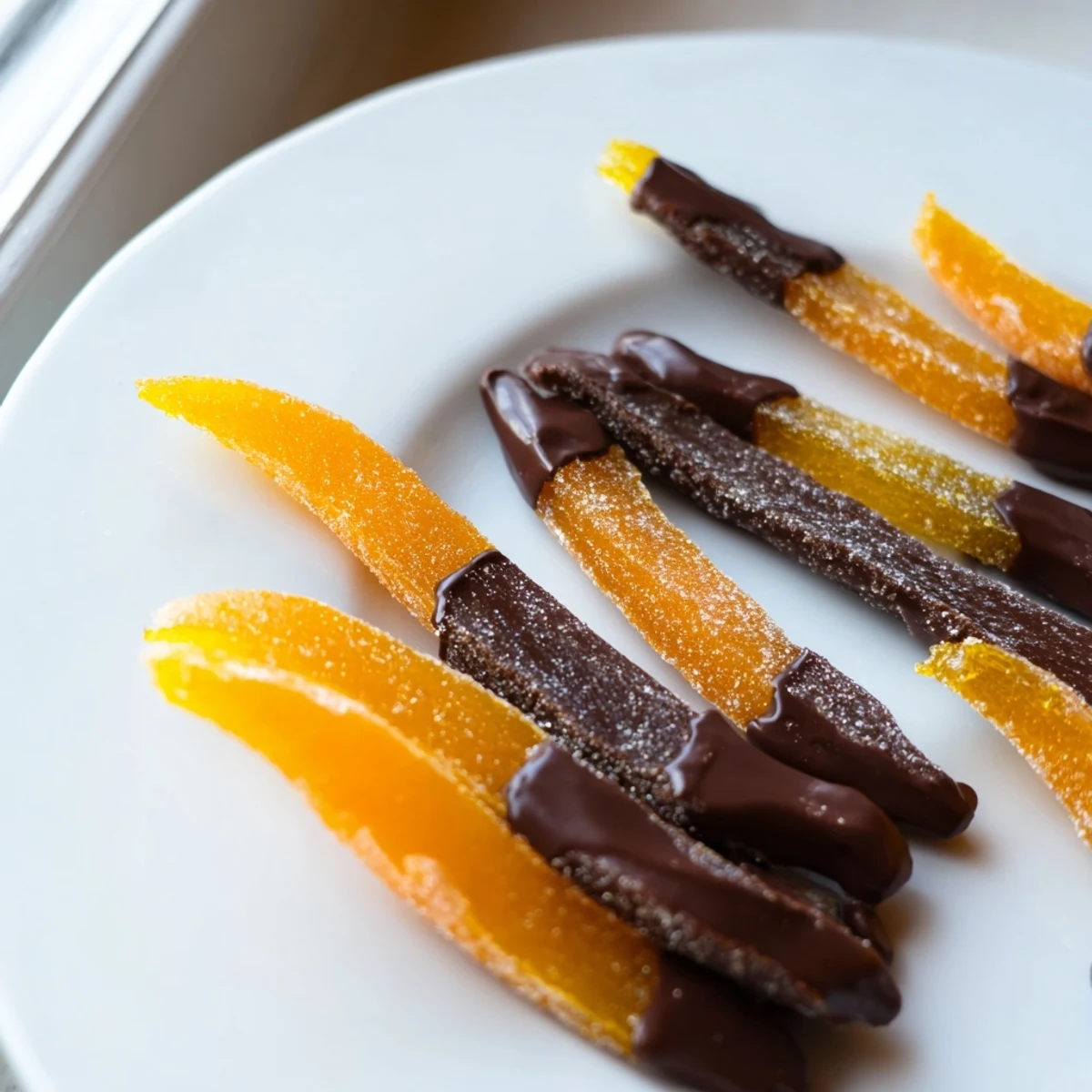 Glossy chocolate covered orange peels arranged on parchment with dark cocoa drips