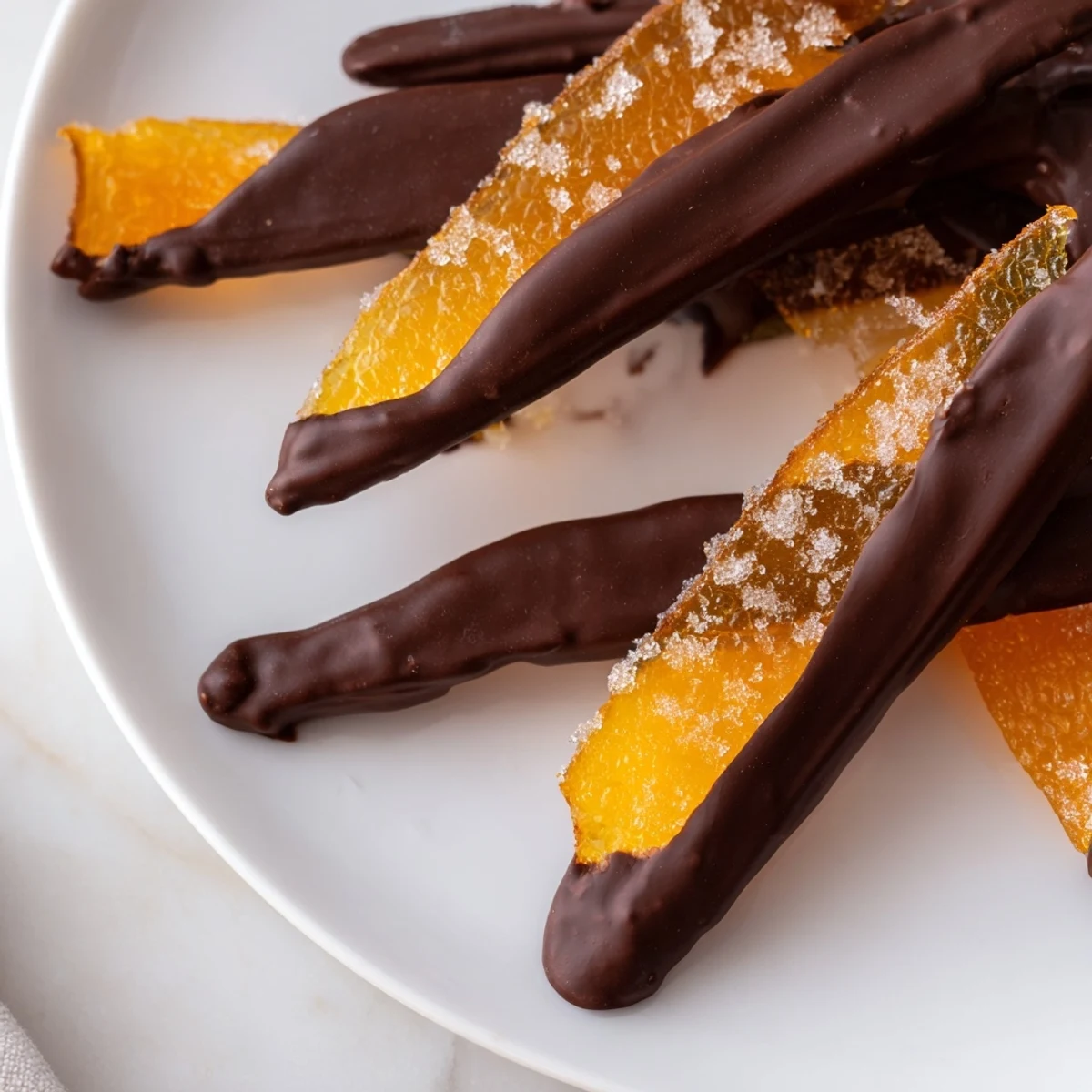 Platter of chocolate covered orange peels paired with espresso for elegant serving