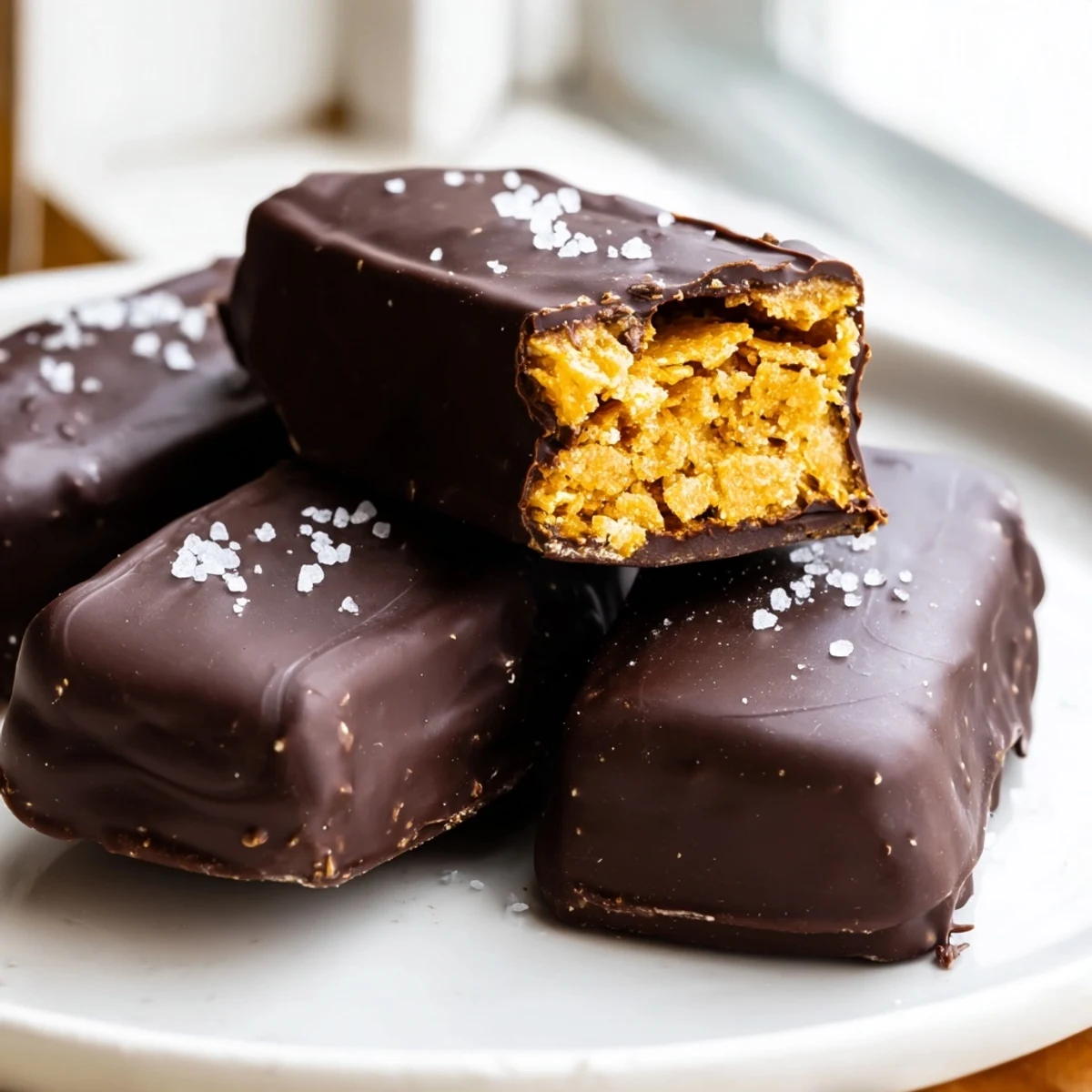 Healthy Homemade Butterfingers bars dipped in glossy dark chocolate on a parchment-lined tray