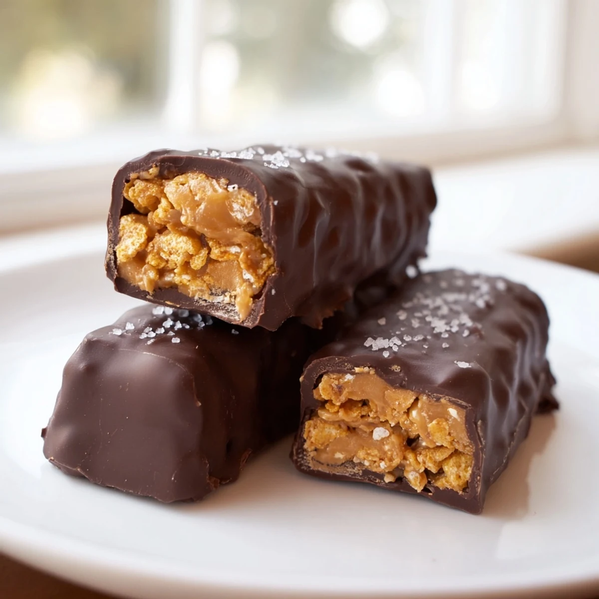 Golden cornflake peanut butter bars smothered in smooth dark chocolate coating