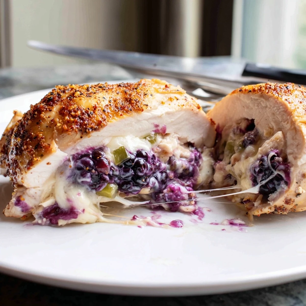 Golden baked blackberry jalapeno stuffed chicken oozing with creamy melted cheese filling
