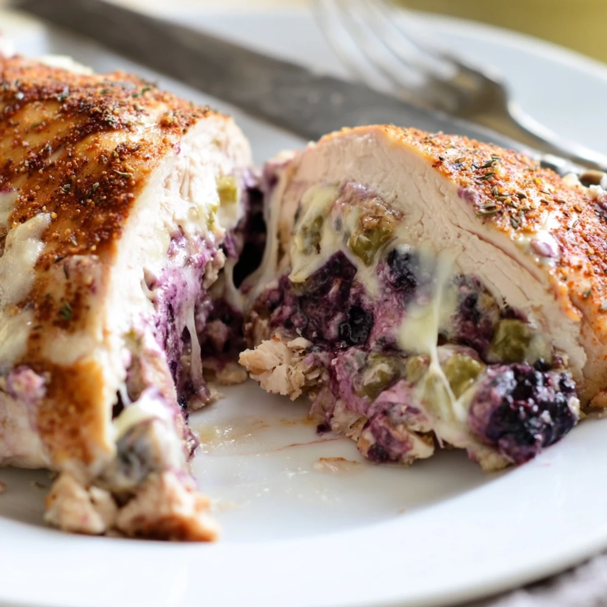 Juicy blackberry jalapeno stuffed chicken sliced open to reveal vibrant purple melty interior