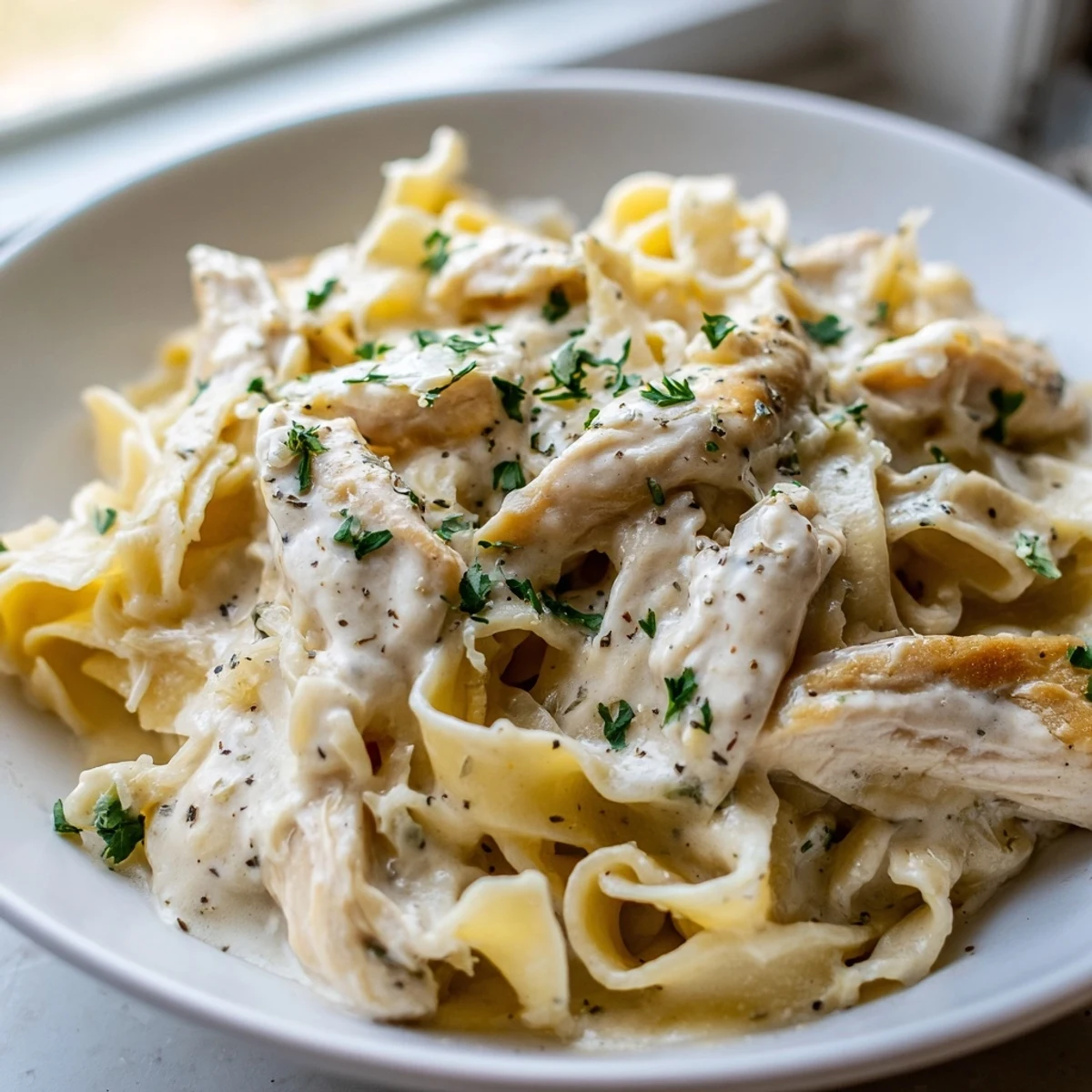Creamy garlic Parmesan chicken pasta draped in velvety sauce on a white plate