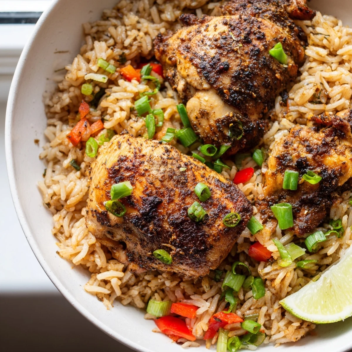 Golden jerk chicken thighs nestled in fluffy coconut rice with colorful bell peppers and fresh herbs
