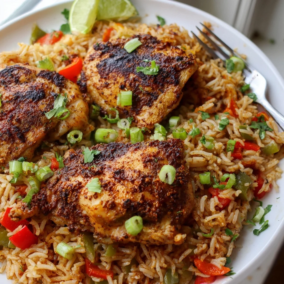 Spicy jerk chicken served over fragrant coconut-infused rice topped with spring onions and lime wedges