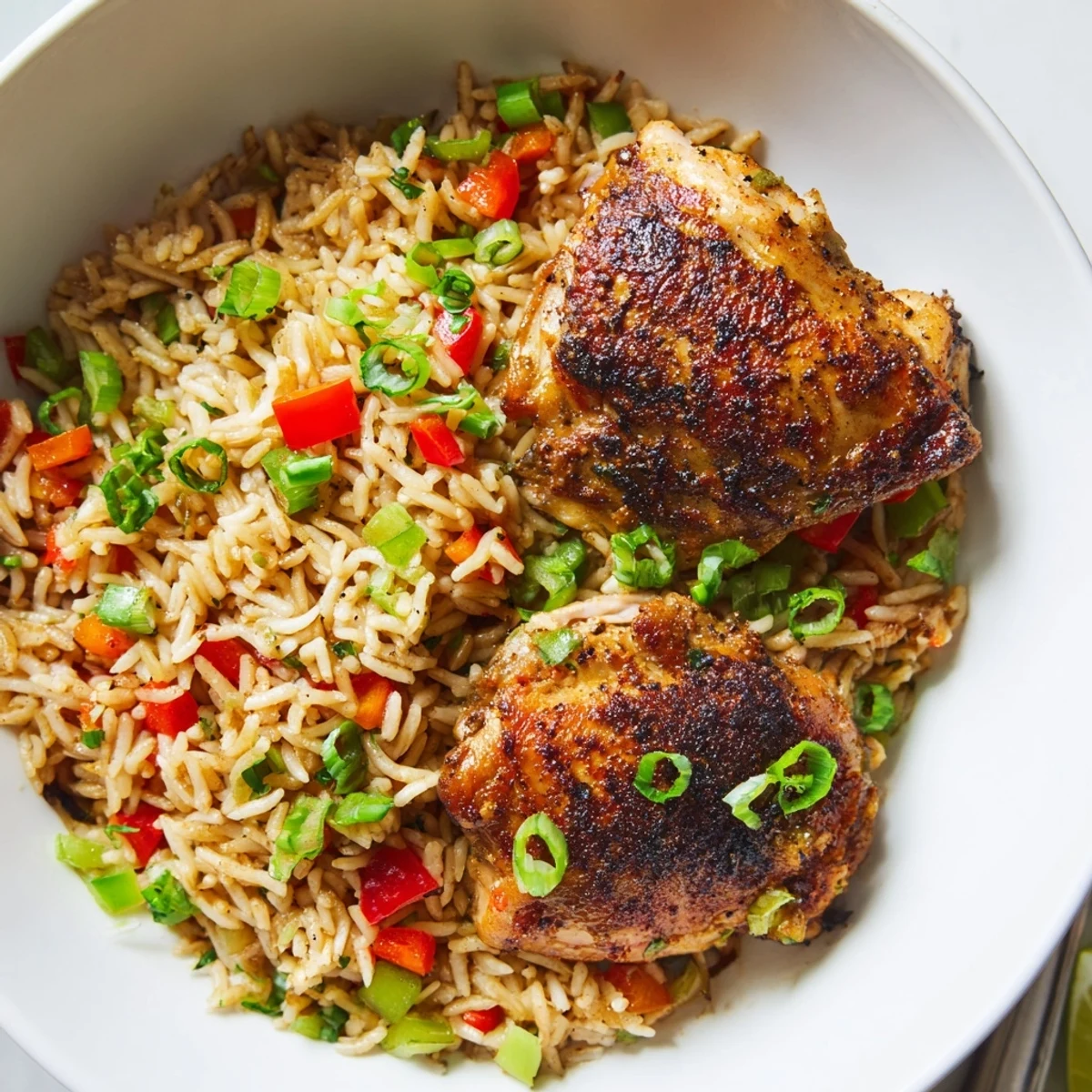 Seared jerk-spiced chicken resting on a bed of tender seasoned rice garnished with cilantro and pepper strips