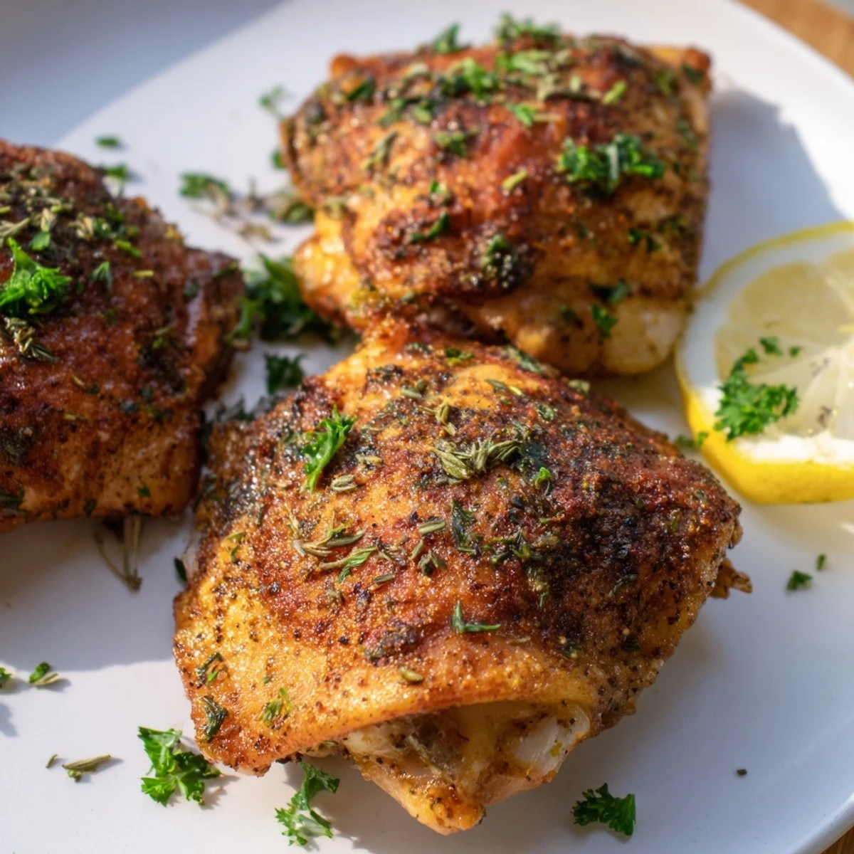 Golden crispy oven baked chicken thighs with herbs on a parchment-lined sheet pan