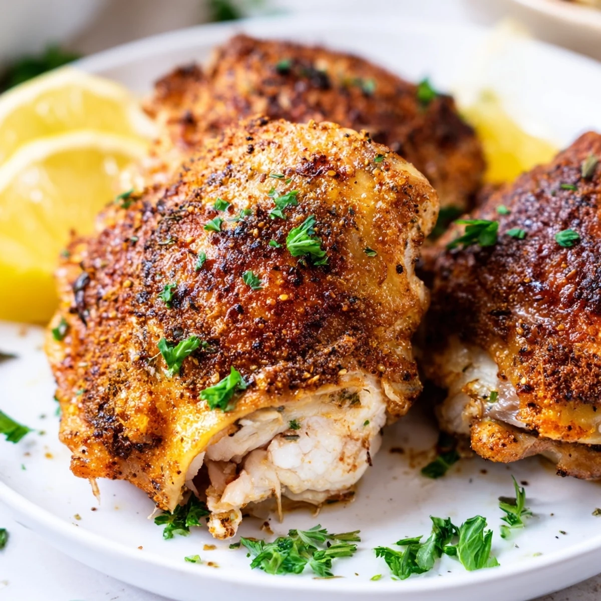 Juicy oven baked chicken thighs garnished with fresh parsley and lemon wedges