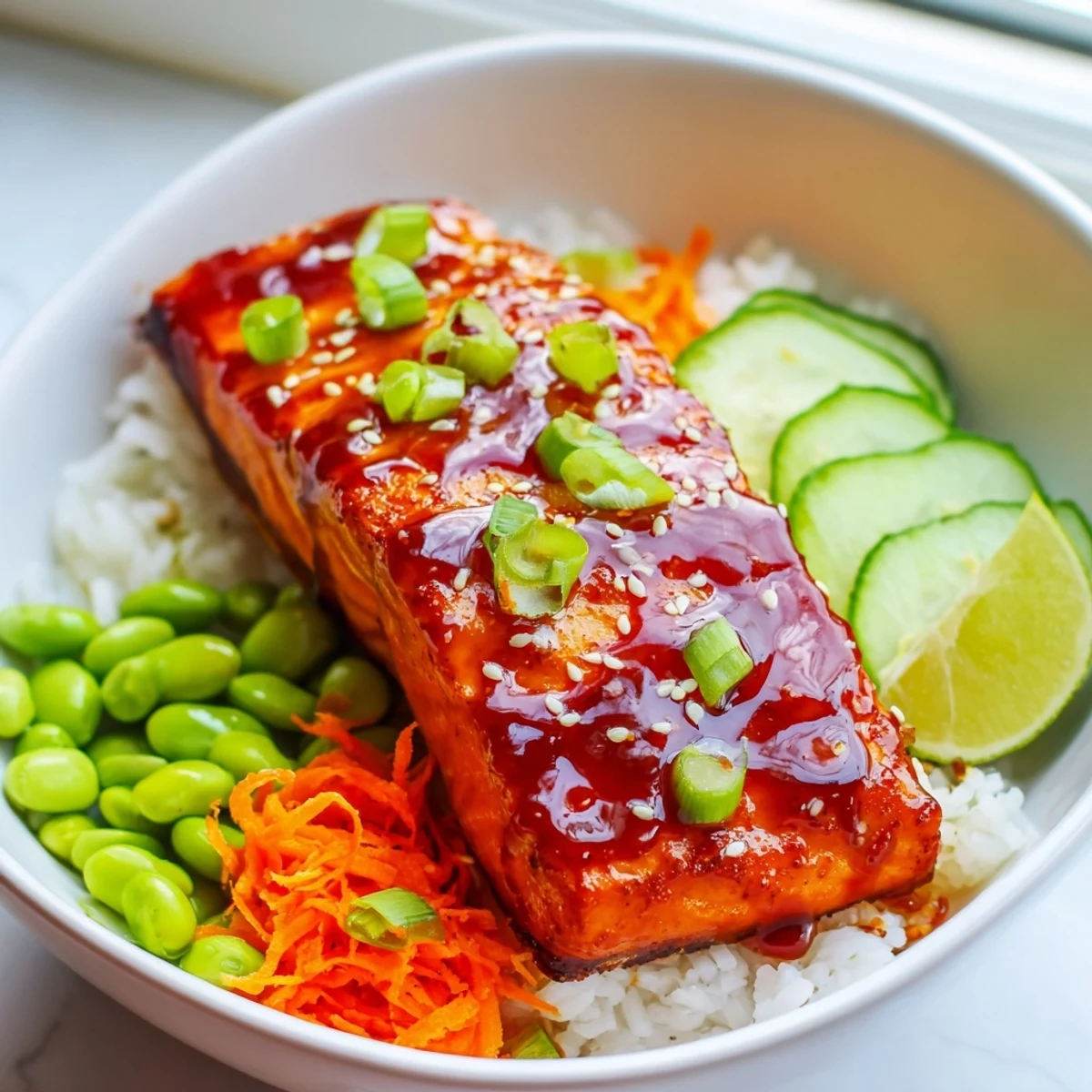 Glistening sriracha honey glazed salmon bowls topped with sesame seeds and fresh vegetables