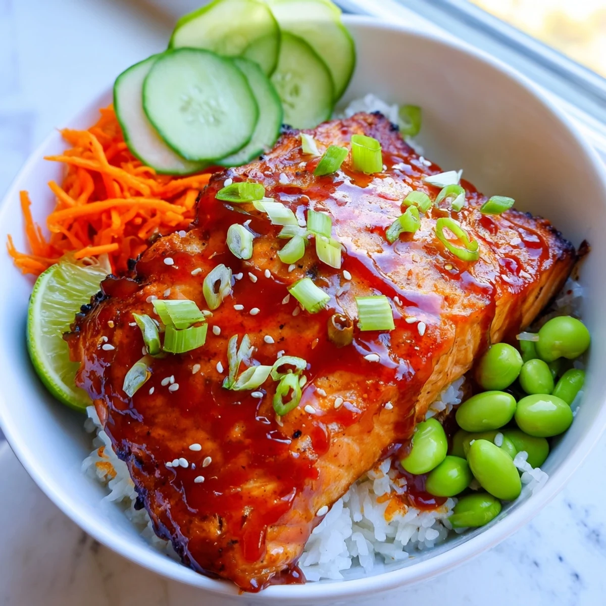 Caramelized salmon fillet resting on steamed rice with vibrant crisp vegetables and lime