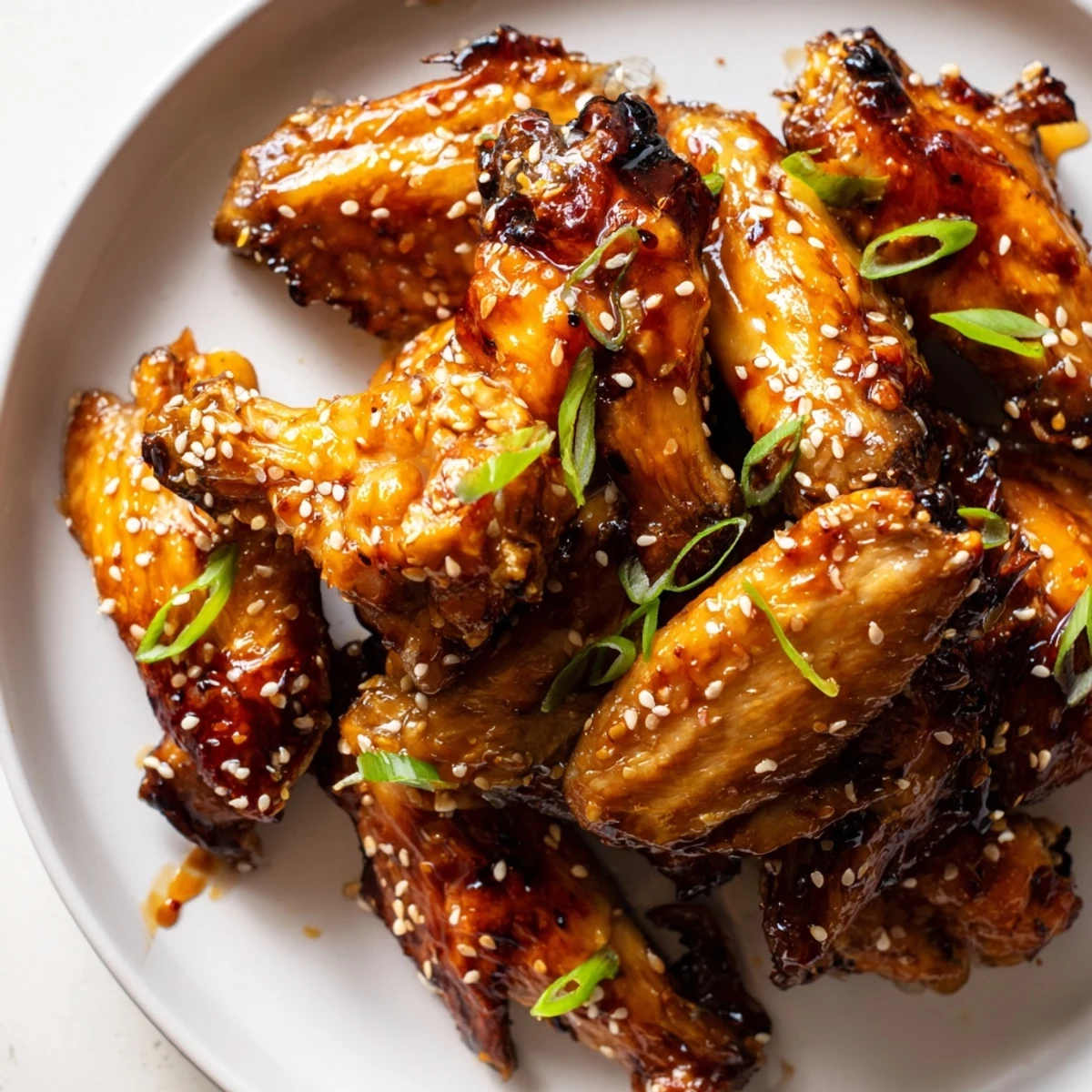 Glossy miso honey marinated chicken wings scattered with sesame seeds and scallions on a dark platter