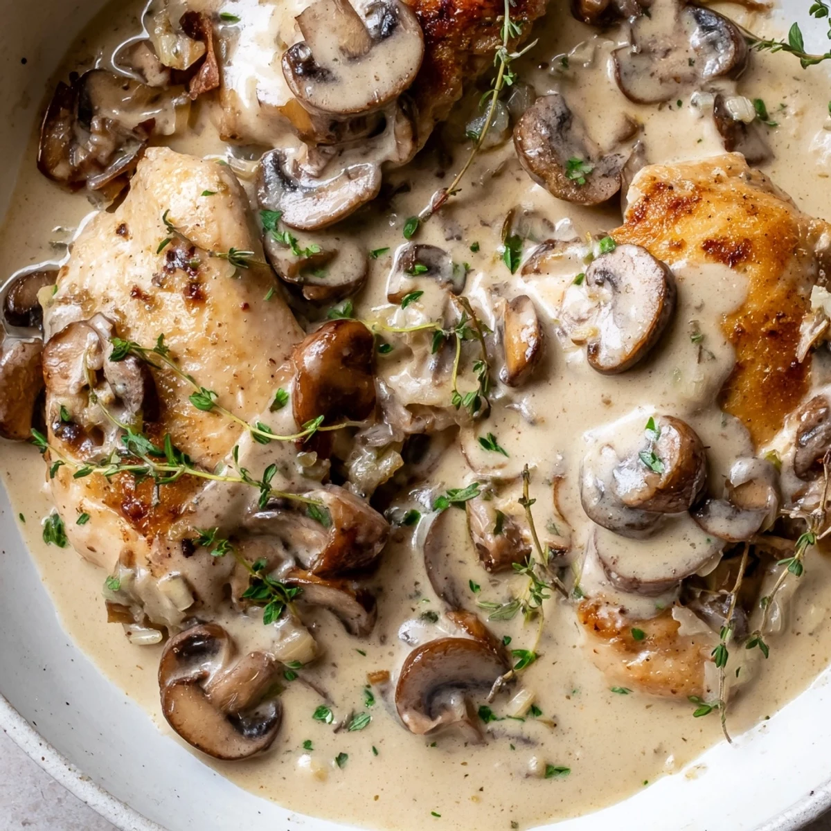 Creamy mushroom chicken smothered in a rich, golden sauce with crispy herb potatoes on a rustic plate