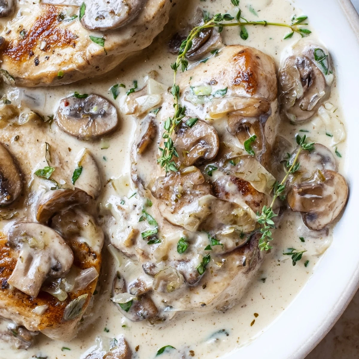 Tender seared chicken breasts nestled in a velvety creamy mushroom sauce beside golden roasted herb potatoes