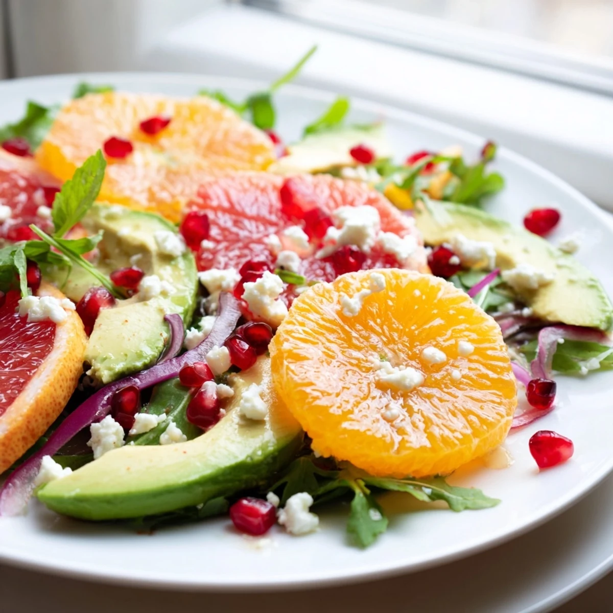 Colorful citrus salad with pomegranate jewels, creamy avocado, and crumbled feta on a platter