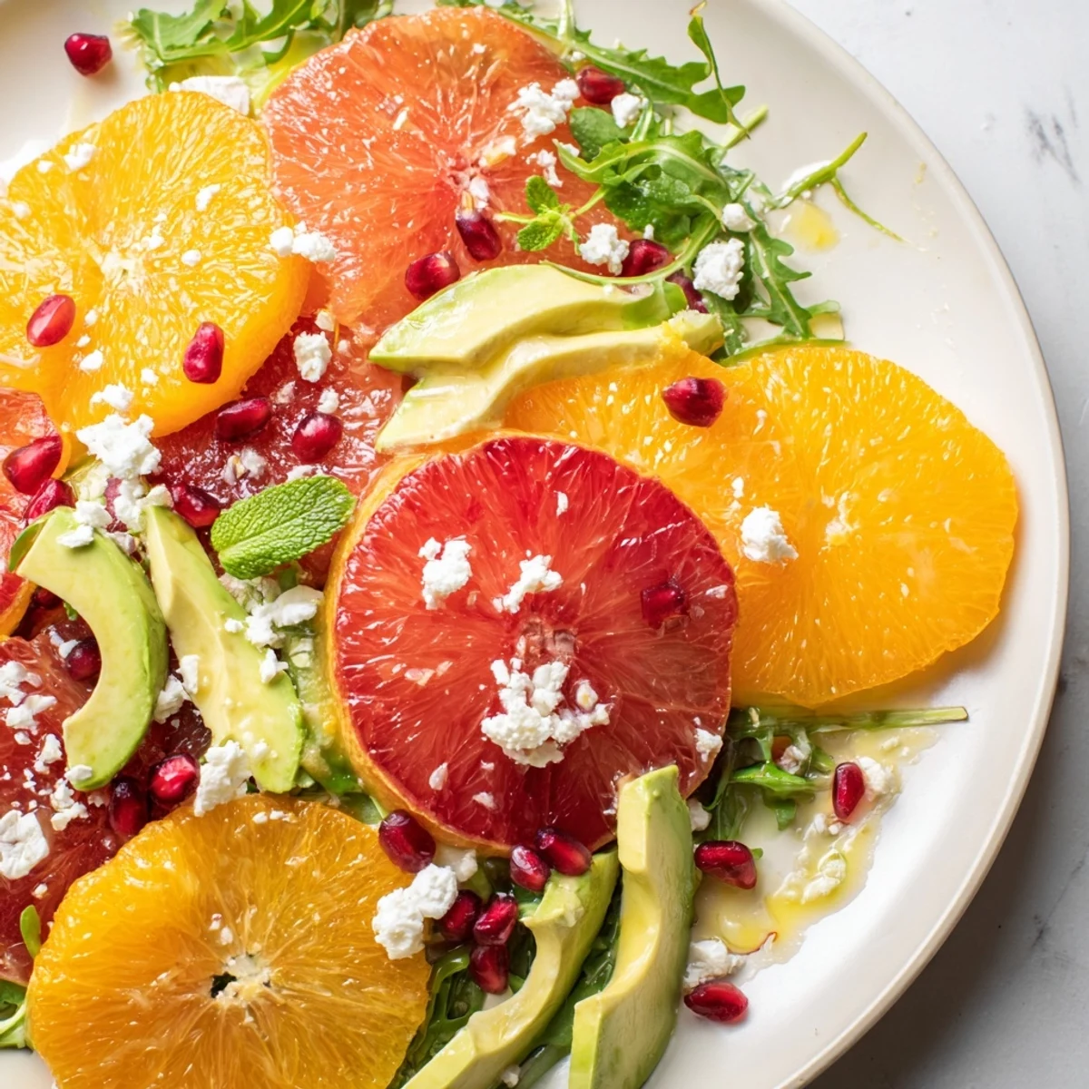 Bright slices of citrus salad topped with ruby pomegranate seeds and tangy feta