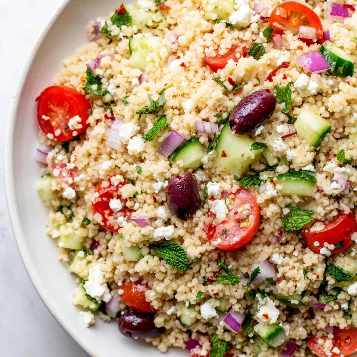 Golden couscous tossed with tomatoes, olives, and feta in Mediterranean couscous salad with hot honey lemon vinaigrette