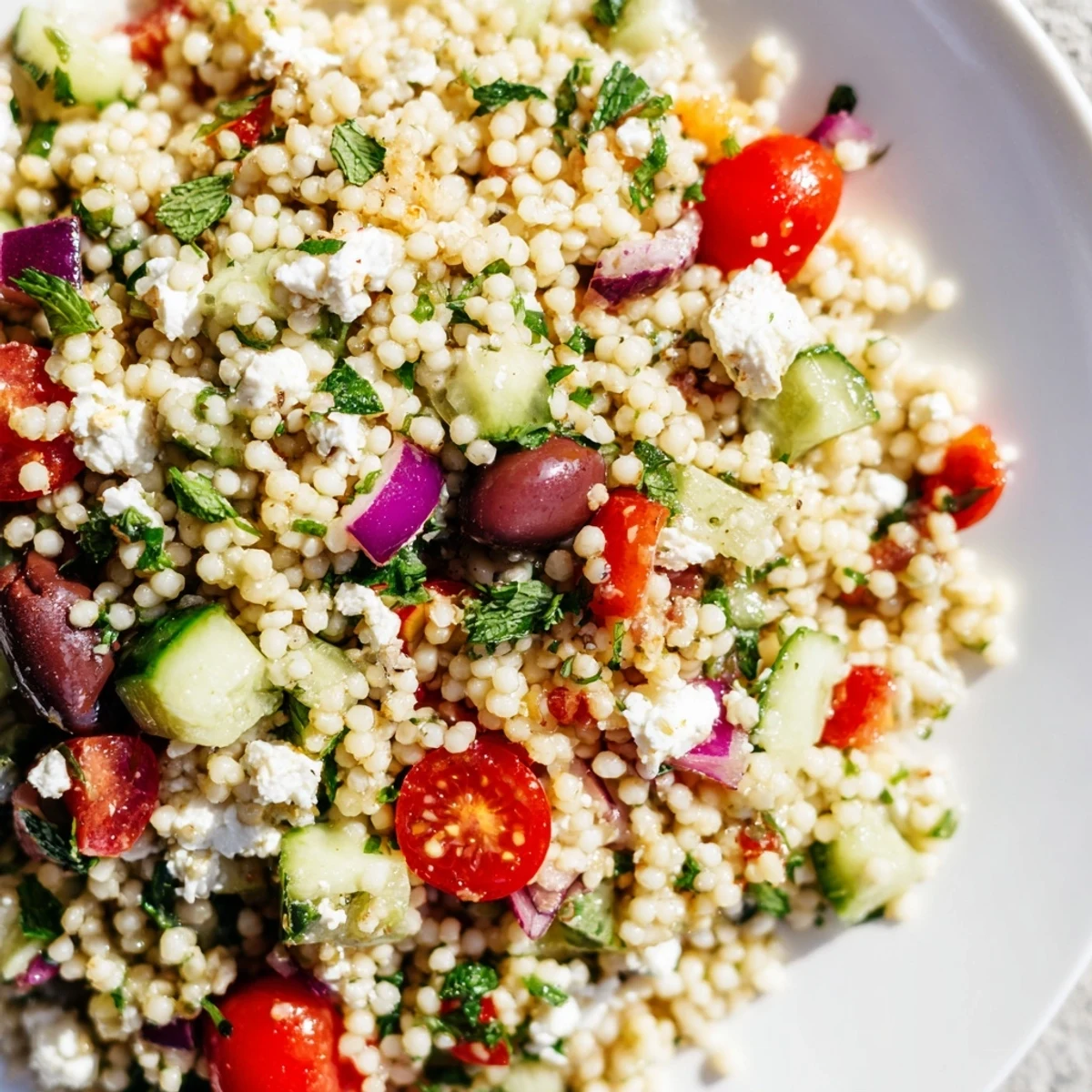 Fluffy couscous crowned with crumbled feta and diced cucumbers in Mediterranean couscous salad with hot honey lemon vinaigrette