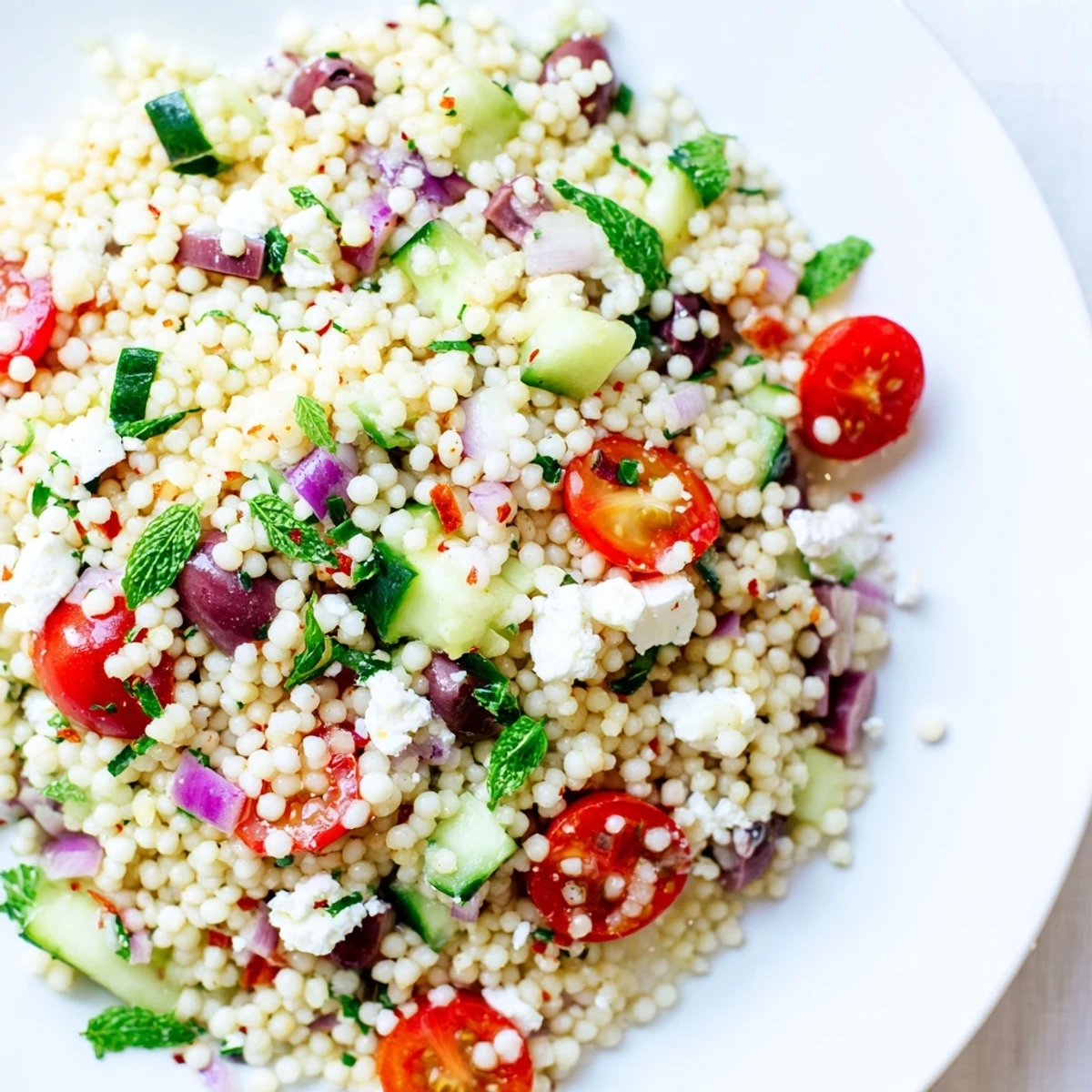 Colorful Mediterranean couscous salad with hot honey lemon vinaigrette drizzled over fresh herbs and ripe cherry tomatoes