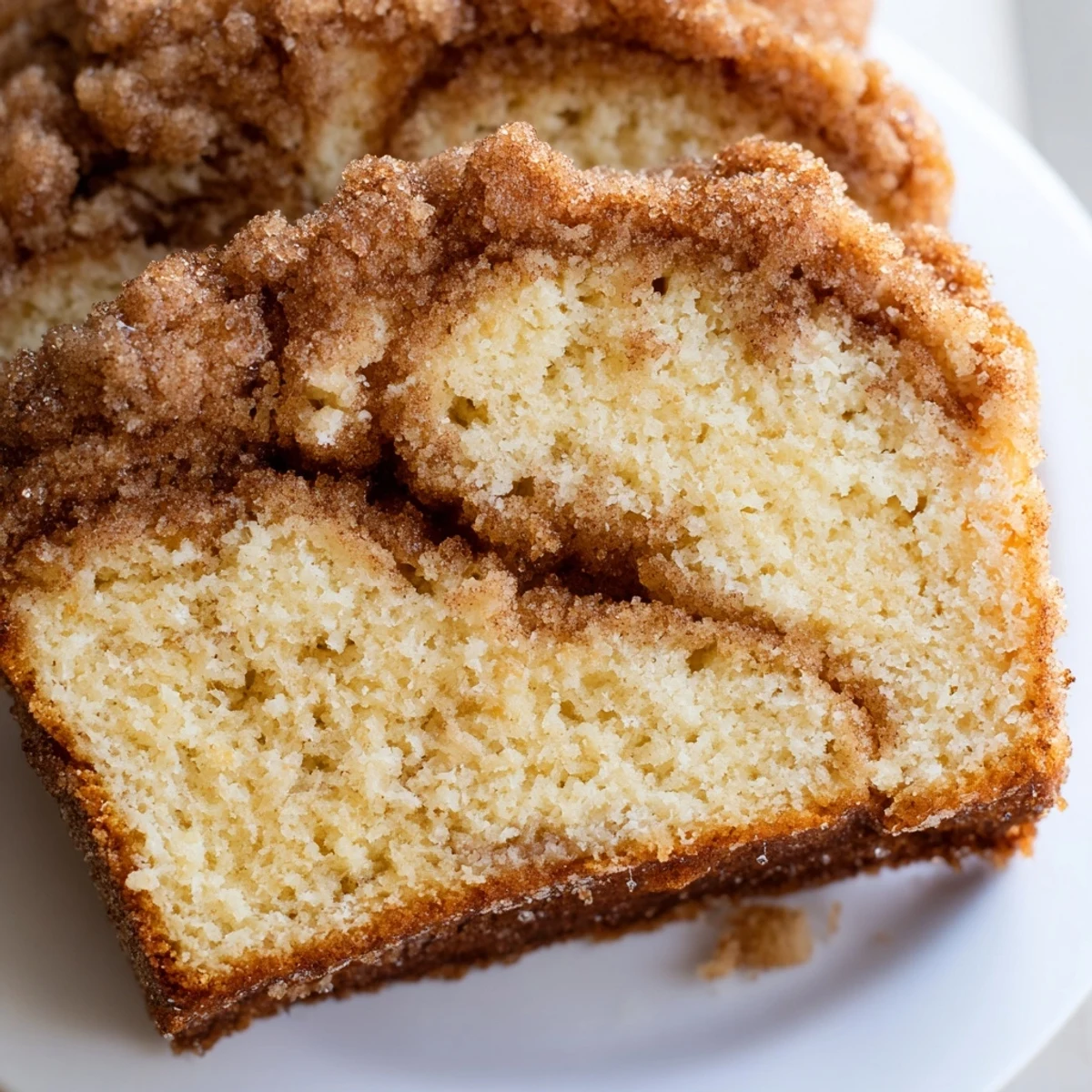 Warm cinnamon donut loaf topped with a sparkly cinnamon sugar crust