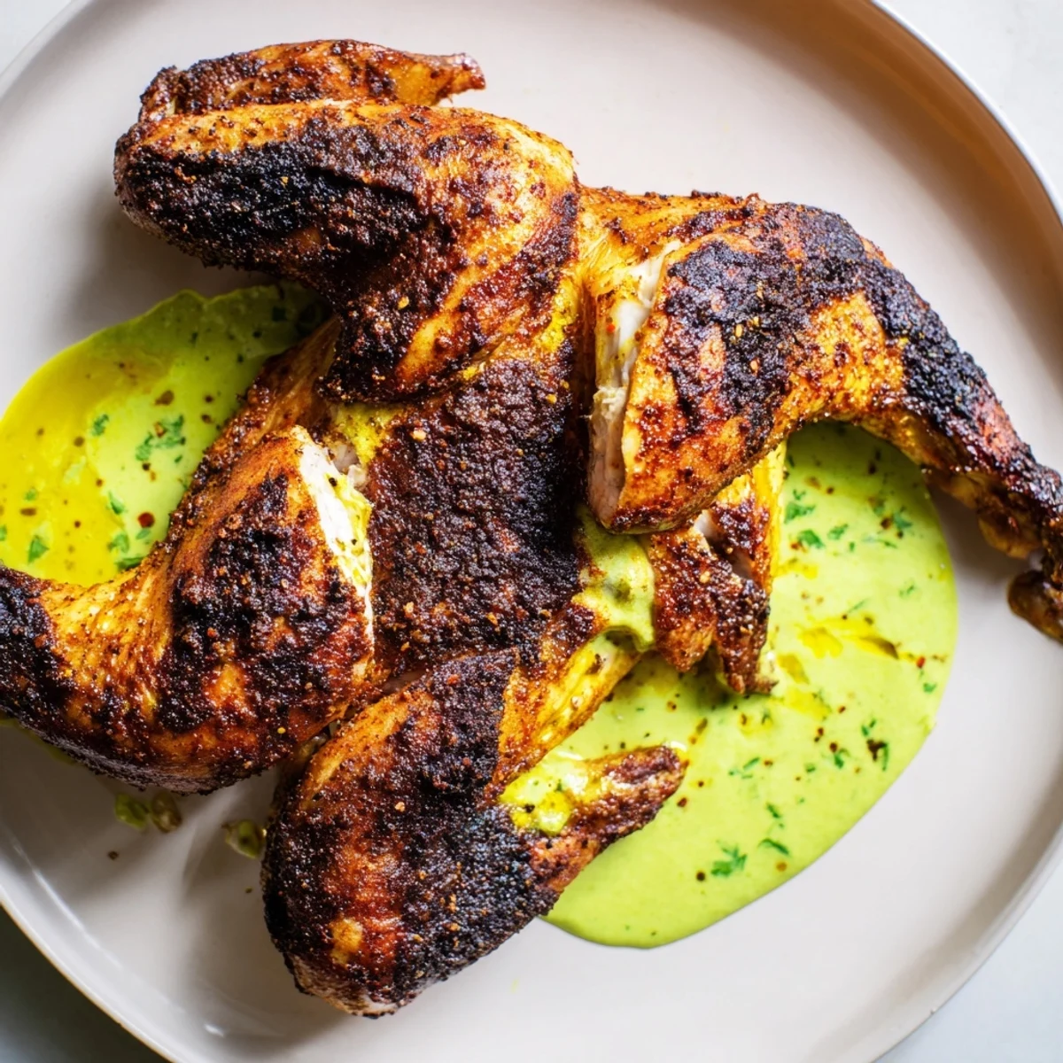 Golden roasted Peruvian chicken delight with crispy skin and vibrant green sauce