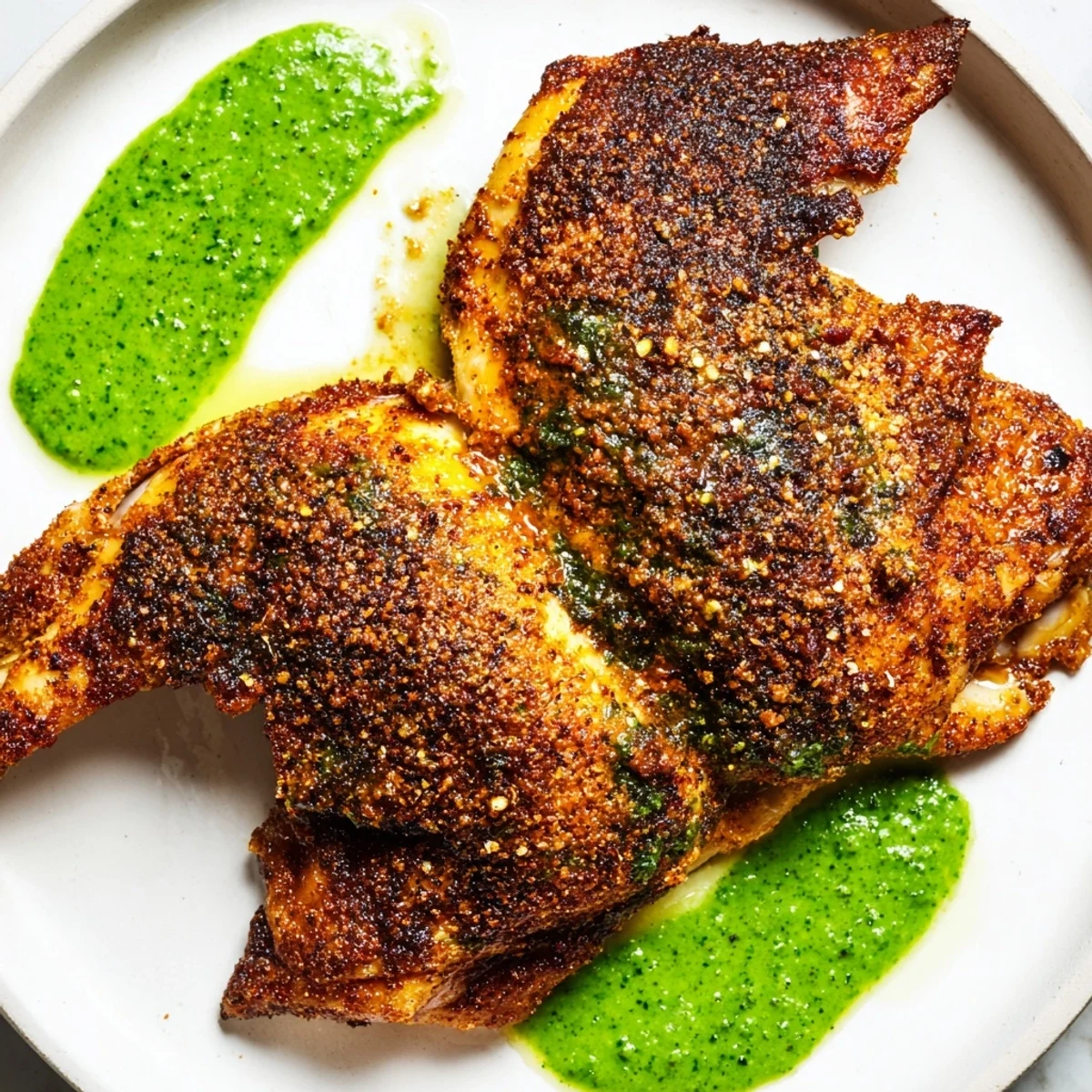Juicy Peruvian chicken delight sliced on a platter drizzled with creamy cilantro sauce