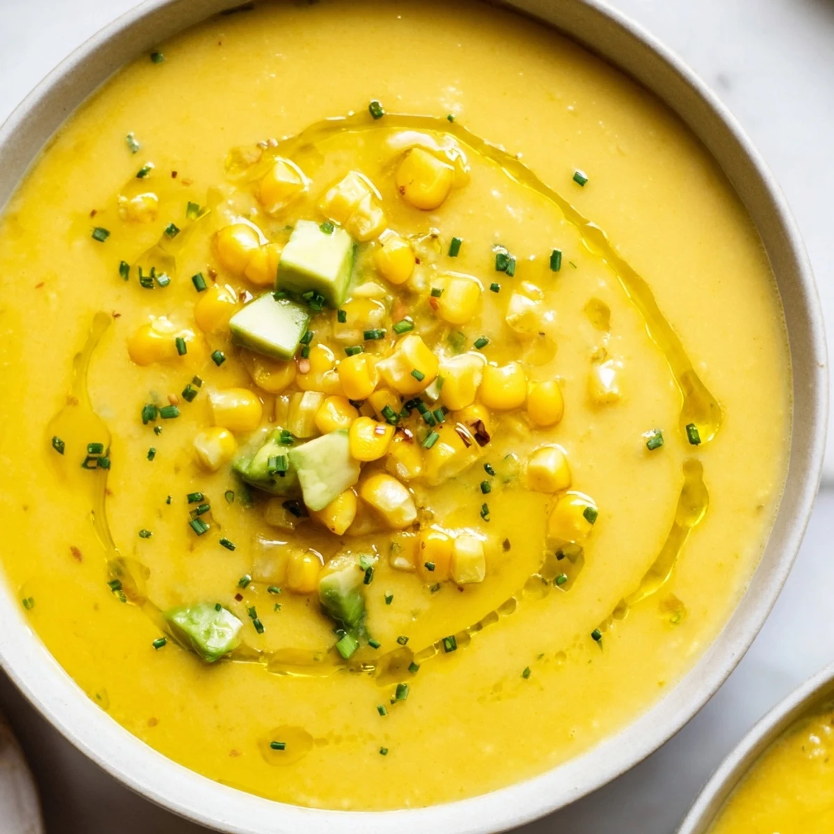 Golden sweet corn gazpacho served chilled in a bowl with fresh avocado garnish