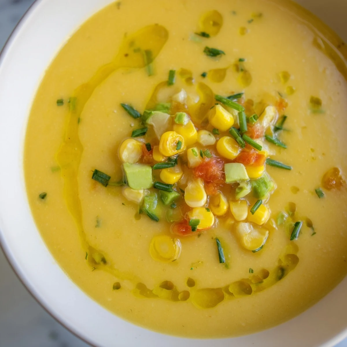 Creamy summer sweet corn gazpacho topped with raw corn kernels and chopped chives