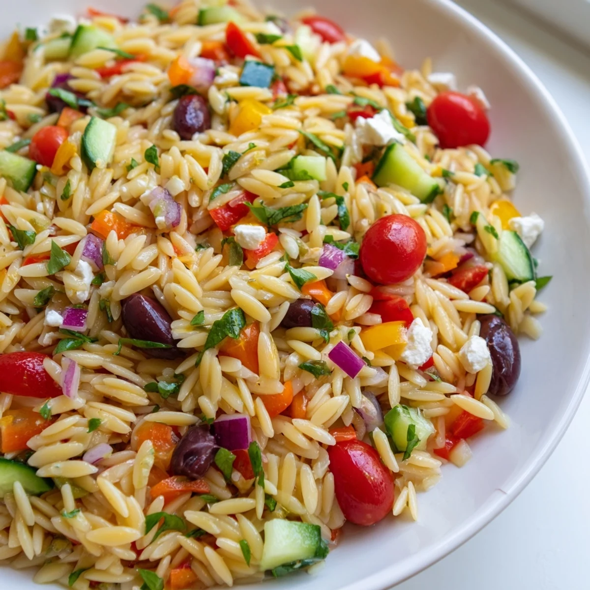 Juicy Mediterranean Orzo Pasta Salad in a bright white bowl with feta and herbs