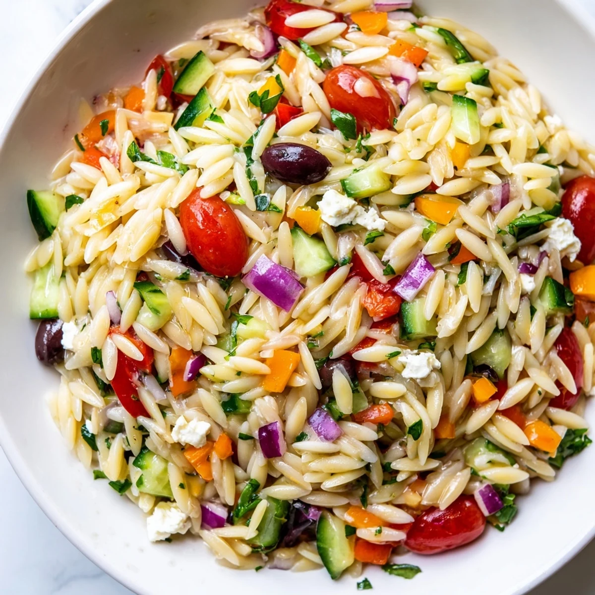 A close-up of Juicy Mediterranean Orzo Pasta Salad drizzled with lemon olive oil dressing